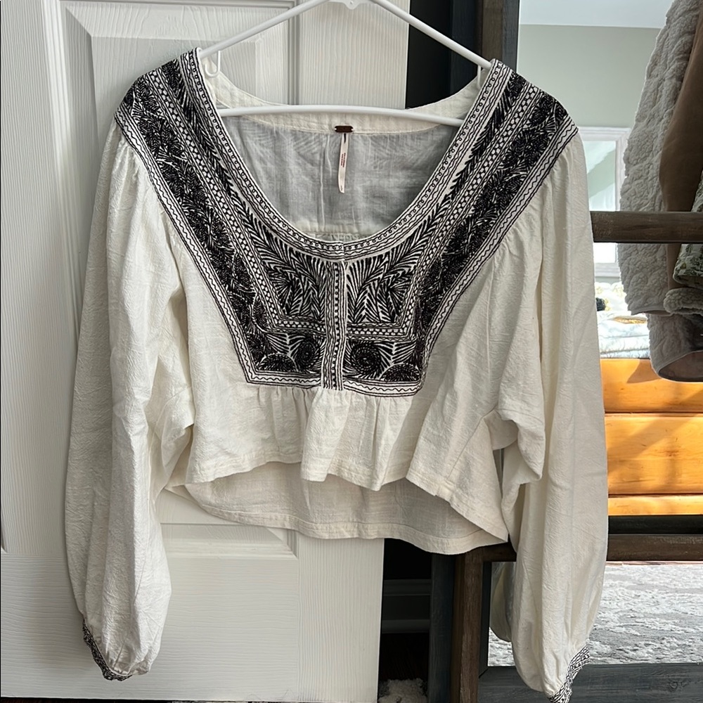 NWOT Free People Iggie Embroidered White and Brown Women's Top